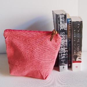 Coral Red Washed Canvas Zipper Pouch 8x6 - 8"W x 6.3"x 2.4" D