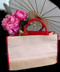 Jute Cotton Blend Tote with Red Cotton and Burlap Accents - 17 1/2"W x 11 1/2"H x 8 1/2"D