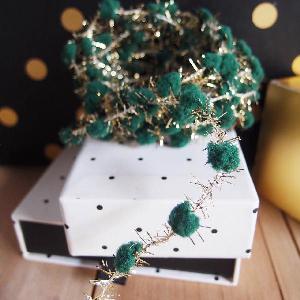 White, Red & Green Pom Poms with Gold Tinsel Wired String